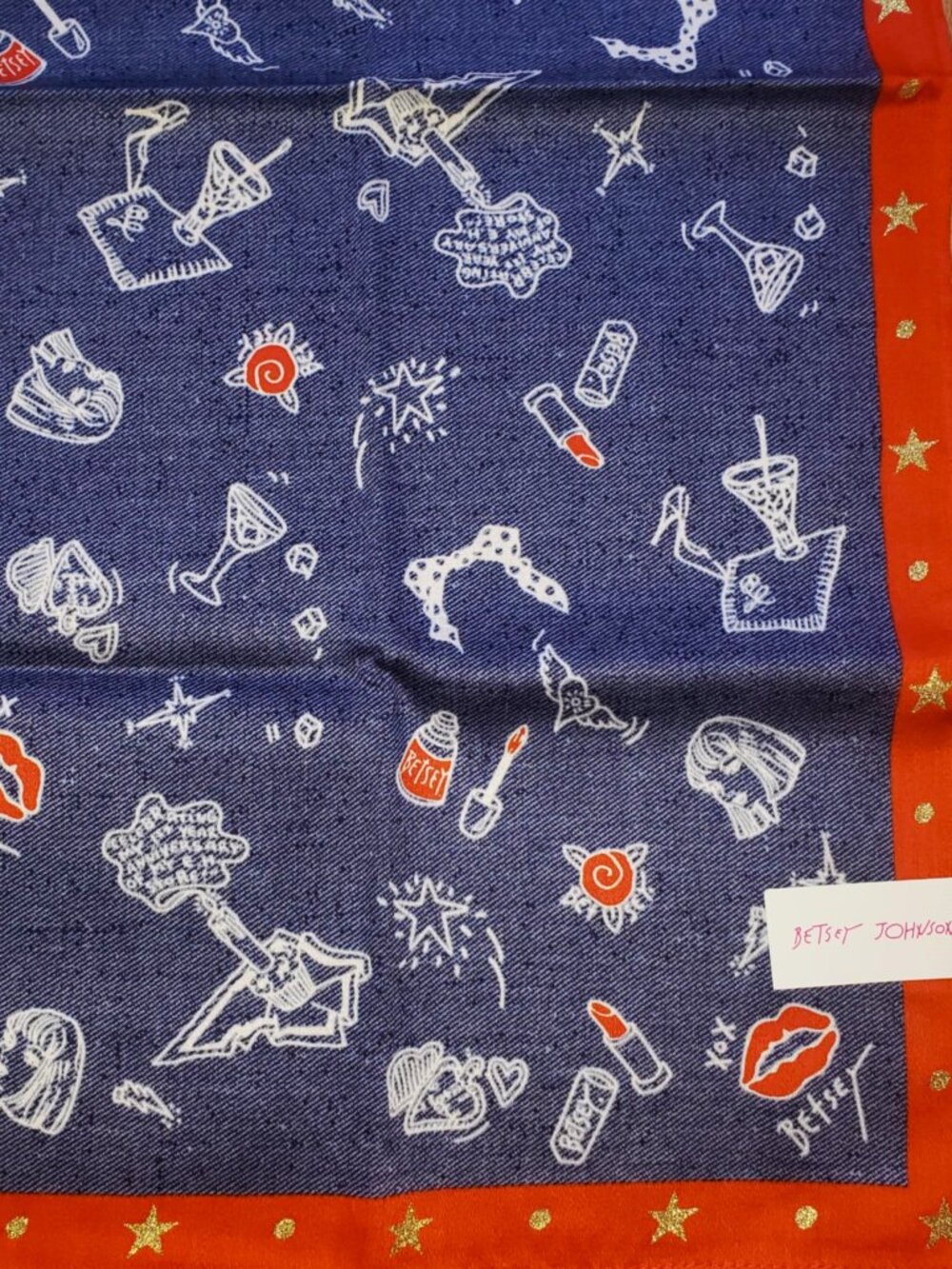 Vintage Betsey Johnson East Hamptons NY Tattoo Print Scarf Lips Martini Cupcake